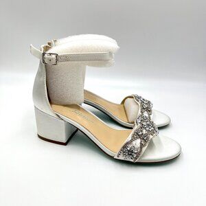 Betsey Johnson Womens Size 6.5 Mel‎ White Satin Jewel Heels Dress Sandals Shoes